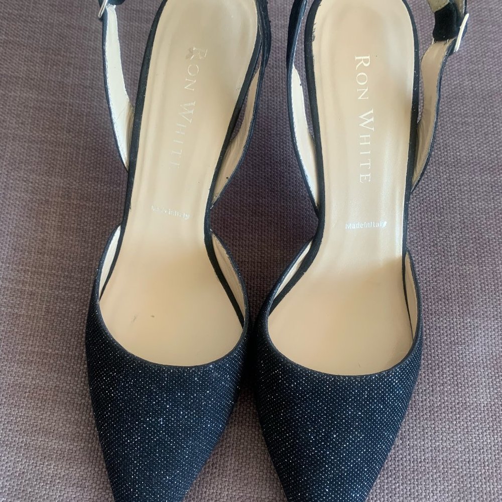 Ron White Black Pointed Slingback Heels with Subtle Sparkle